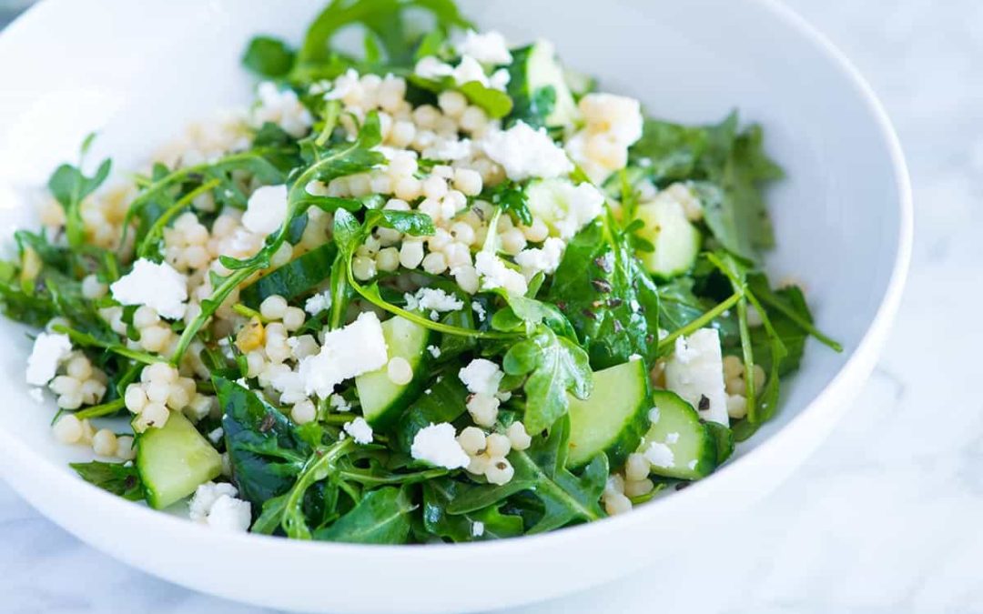 Lemony Arugula Salad with Couscous, Cucumbers and Feta